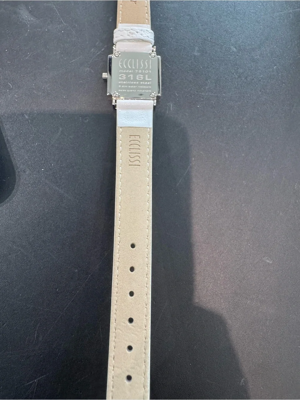 Ecclissi Silver Watch Rectangle Tank Case Salmon Copper Dial White Leather Band